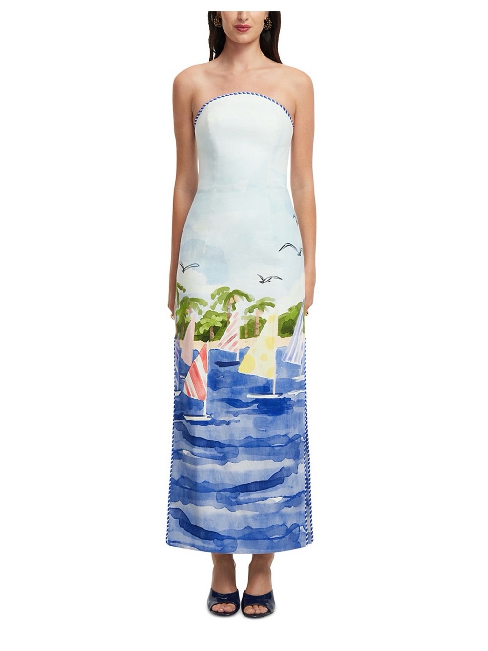 NWT LEO LIN Ava Bustier Maxi Dress Nautical Linen Strapless Blue White